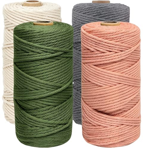 Cerkkapo Makramee Garn,3mm x 400m (Ecru/Dunkelgrau/Armeegrün/Dunkelrosa) | Macrame Cord,DIY Naturgarn Baumwollschnur Baumwollgarn Schnur Baumwollkordel für Wandpflanze Handwerk