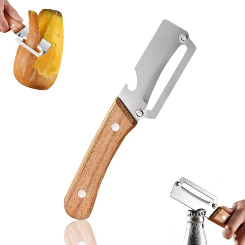 Pelapatate Professionale, 2-in-1 Multifunctional Vegetable Peeler Include Apribottiglie, Pela Patate e Verdure Manico Ergonomico in Legno,Pela Verdure per Frutta, Mele, Patate, Zucche (1pc)