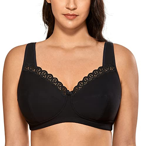 DELIMIRA - Sujetador Algodón de Copa Completa Floral sin Aros sin Relleno para Mujer Negro 120G