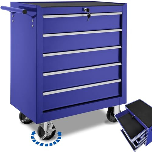 tectake® Verktygsvagn med 5 kullagrade lådor | tom, med hjul, 2 parkeringsbromsar, halkskyddsmattor, belastning upp till 150 kg, skjuthandtag, blå