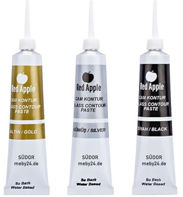 Konturenfarben-Set für Glasmalerei zur Dekorativen Gestaltung - Konturenpasten (Gold, Silber, Schwarz) (3 x 20 ml)
