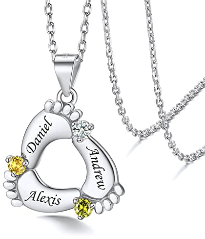 Silvora Personalized Sterling Silver Feet Necklace with Birthstone,Custom Name Engraved Pendant for Mum to be