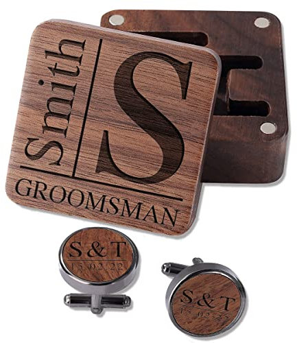 Boutons de manchette de mariage personnalisés pour homme, boutons de manchette en noyer noir pour marié, témoin, cadeau pour papa, mari avec boîte à boutons de manchette, nom personnalisé et date,