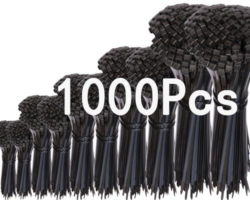 1000 bridas de plástico para cables, bridas para cables eléctricos 100/150/200/250 Abrazadera de cable resistente a los rayos UV para exteriores de electricista negro Fuerte y larga (1000pcs, ZD-002)