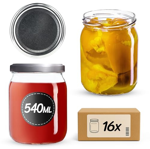 KADAX Barattoli per marmellata da 540 ml, con tappo a vite, vasetti con tappo a vite, vasetti per conserve, contenitori per sottaceti (16 pezzi, argento)