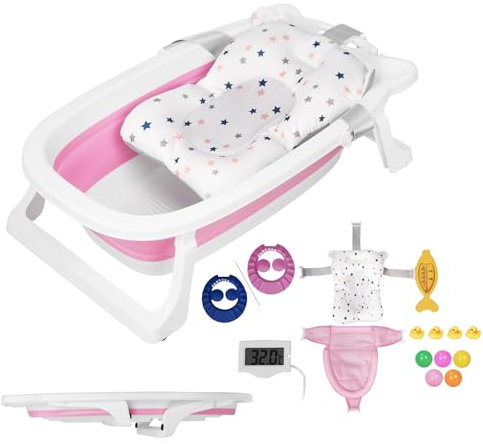Sinbide Faltbare Babywanne mit Stütze, Baby Badewanne, Neugeborene Baby-Plastikbadewanne mit Faltbaren Anti-Rutsch-Beinen, Temperatursensor Badewanne für das Baden von Kleinkindern (rosa)