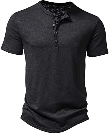 Camiseta casual para hombre con cuello mao Henley, camiseta elegante con medios botones, ajuste ceñido, polo sin cuello, camisetas tops, Negro, M