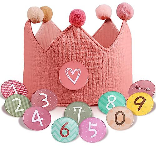 Qetlavee Corona di compleanno in mussola con numeri, corona di compleanno per ragazzi e ragazze, cappello da festa per bambini, decorazione di compleanno per bambini, corona in numeri da 0 a 9