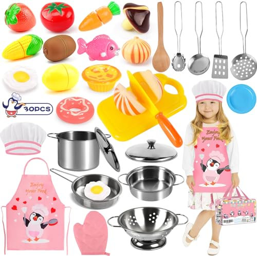 Frasheng Juguetes de Cocina para niños Accesorios,30 Piezas Juguetes de Chef para Niños,Frutas y Verduras para Cortar,Juego de Roles de Cocina,Utensilios Cocina Juguete con Delantal y Gorro de Chef