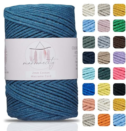 Makromecity, Cotton Macrame Cord 2mm x 195 Yards (590 feet) 2mm Recycled Cotton Crochet Yarn for Macrame Art & Crafts for Wall Hangings, Bags, Underplate, Rug (25 Colors Available) (Denim Blue)
