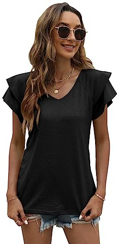 QKEPCY T Shirt Donna Estive Sbuffo Maniche Corte con Scollo a V e Balze Manica Corta Magliette Donna Elegante Rilassato Bluse e Camicie da Donna (Nero XL)
