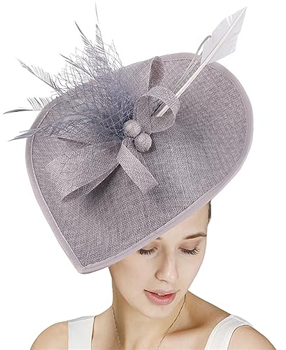 GIBZ Damen Fascinator Hut mit Breiter Krempe Elegant Tea Party Stirnband Pillbox Hüte mit Federn Hochzeits Kopfschmuck, Grau