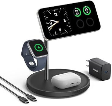 Anker MagSafe Charger Stand Compatible, iPhone 17 MagGo 3 in 1 Wireless Charging Station,Qi2 Certified 15W Wireless Charger, Desk Accessory, for iPhone 16/15/14/13 Series Apple Watch, AirPods