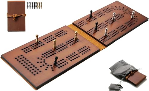 Jeereal Travel Cribbage Board Game Leather & Solid Bambo-Wood Pocket Sized Tiny Card Game Board (Bamboo|3 Tracks)