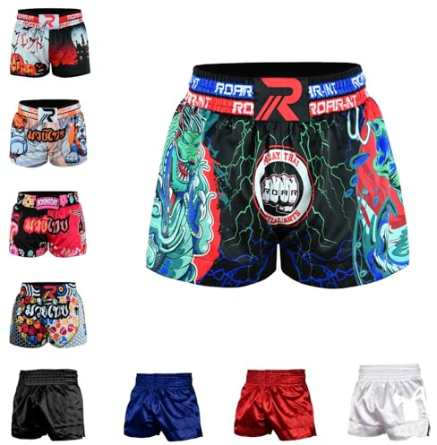 ROAR-INT Kid's Muay Thai Shorts Martial Arts MMA Kickboxing Shorts for Boys Girls Boxing Trunks Shorts (US, Alpha, Small, Regular, Dragon, Regular Fit)