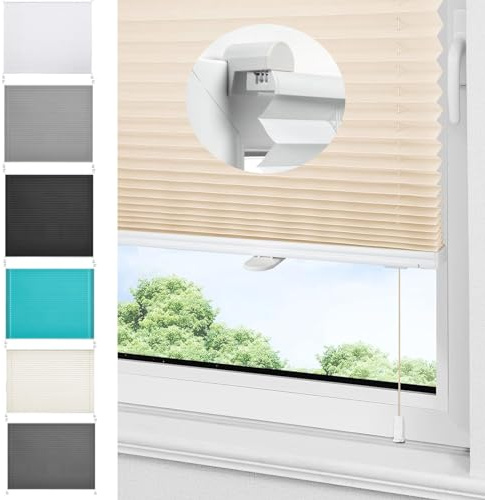 Plissee Ohne Bohren Plissees Klemmfix 90 x 200 cm Blickdicht - Sichtschutz - Sonnenschutz Plisee Rollo Ohne Bohren mit Klemmträger / -fix für Wohnzimmer, Beige