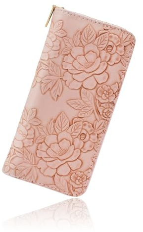 WisePoint Damen Geldbörse, PU Leder Geldbörsen für Frauen, Lange Damen Geldbörsen Damen Geldbörsen mit Blume, Mode Damen Geldbörse für Reisen, Dating, Shopping, Party (Rosa)