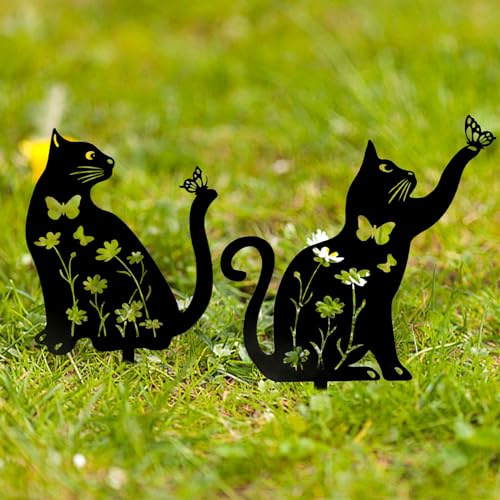 Suerhatcon 2 figuras de gato para decoración de jardín, metal y gato, color negro, silueta, decoración para jardín, césped, terraza, balcón, decoración del hogar