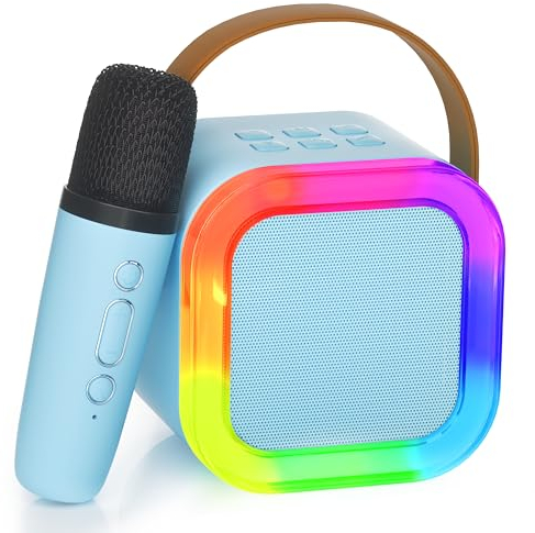 Ankuka Mini Bluetooth Karaoke Maschine, 2024 Spielzeug Karaoke mit 1 Mikrofon für 4, 5, 6, 7, 8, 9, 10, 12 Jahre alte Mädchen Geburtstagsparty, mit LED-Umgebungsbeleuchtung. (Blau)