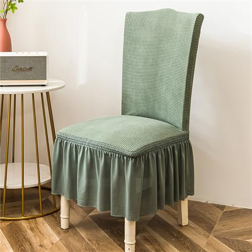 Chickwin Jacquard Stuhlhussen mit Rüschen, Solide Farbe Stuhlbezug mit Rock 1/2/4/6er Set, Elastisch Stuhlbezüg Stretch Esszimmerstuhl Abdeckung Hochzeit Stuhlhusse (4 Stück,Grün)