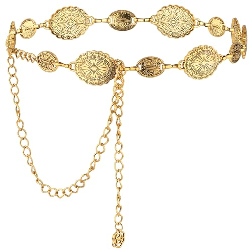 Amabro Verstellbarer Kettengürtel für Damen, Concho Western Cowgirl Bund schmaler Vintage Kleidergürtel für Konzert Outfit(Gold)