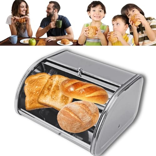 Stainless Steel Bread Box, Bread Bin Kitchen Storage Bin Bread Storage Container Bin Roll Top Bread Bin with Lid for Cream Bread Cake Doughnut Biscuit Food Tableware (Grey)
