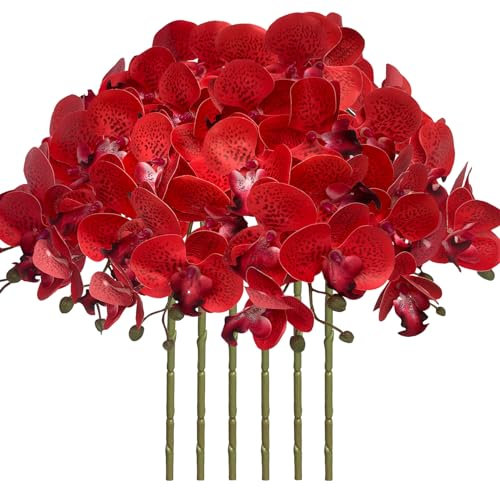 FagusHome 32 Inch Artificial Phalaenopsis Flowers 6 Pcs Artificial Orchid Flowers Stem Plants for Home Décor (Red Piebald)