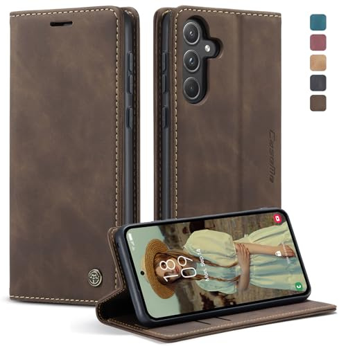 owlhold Mobiltelefonfodral för Samsung Galaxy A55 fodral Galaxy A55 vikbart fodral premium PU läderfodral vikbart mobilfodral skyddsfodral kortfack stativfunktion fodral Samsung Galaxy A55 5G – kaffe