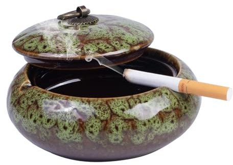 4.33 Ashtray, Ceramic Ash tray with Lids, Cigarette Ashtray, Smokeless Outdoor Indoor Ashtrays Decor for Patio Home Office Restaurant (Green)