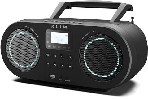 KLIM B5 CD Player Portable Boombox, FM Radio CD Player with Bluetooth USB MP3 AUX, Lighting Modes, Rechargeable Battery, Autosleep, CD Radio Player with Digital EQ