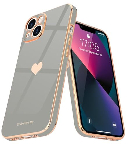 Teageo Kompatibel mit iPhone 13 Hülle, Süße Herzmuster Mädchen Handyhülle Luxuriös Galvanisierte Weich TPU Kameraschutz Kratzfest Stoßfest Schutzhülle Bumper Phone Case für iPhone 13, Titan Grau