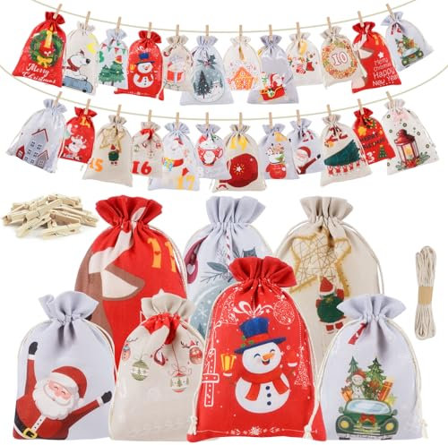 YSWOVUO Calendario de Adviento 2025 para Rellenar - 24 Bolsas de Tela con Pinzas de Madera y Cuerda de Yute - Kit DIY