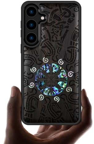 Carveit Designer Wooden Case for Samsung Galaxy S24 Plus Case [Wood Engraving & Shell Inlay] Compatible with Wireless Chargers S24 Plus (Shield of the Ancients-Blackwood)