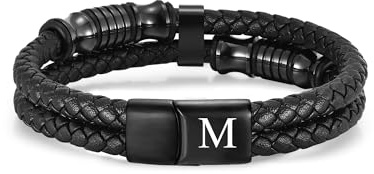 TOLOWOBK Lederarmband Herren mit Gravur A-Z Buchstaben Schwarz Doppelstrang | Männer Armband 21cm mit Edelstahl Magnetverschluss Geflochten Armbänder Weihnachten Geburtstag Geschenk für Mann Papa Freund