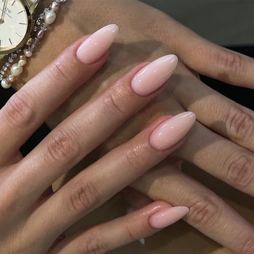French Tip False Nails - 24PCs Short Almond Press on Nails - Nude Sweet Simple Full Cover Acrylic Press on Nails - Natural Glue on For Women Daily Wear Nail Art