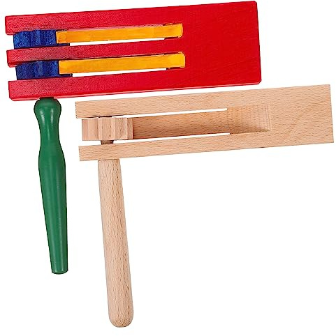 BESPORTBLE 2Pcs Wooden Ratchet Noise Makers Single Natural Double Colorful Castanet Hand Percussion Instruments Smooth Polished Wood for Early Learning Family Music Play Party Favors