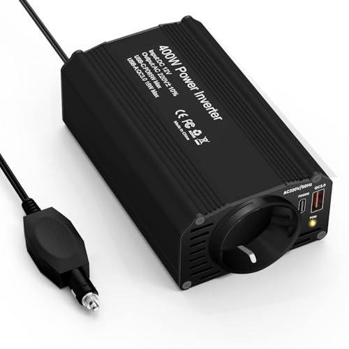 400W Auto Spannungswandler Wechselrichter DC 12 V auf 230 V mit Zigarettenanzünderstecker,1 Steckdosen und PD65W USB-C und USB-A Anschluss für Auto, Laden von Handys, Laptops und Anderen Geräten