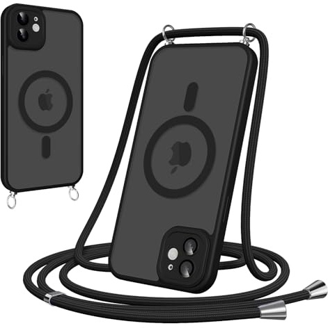 Pnakqil Magnetische Handyband mit Band für iPhone 12 Hülle -Necklace HandyHülle Durchscheinende mit Kameraschutz,justierbarer und Abnehmbarer Kette,Crossbody Magnet Cover,Schwarz