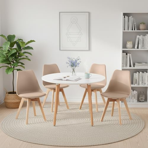H.J WeDoo Esstisch mit 4 Stühle Essgrupp Holztisch und Khaki Skandinavisches Stuhl Esstisch Set für Esszimmer Küche 100cm | Essgruppe 100 cm Runder Küchentisch, skandinavisches Design, für 4 Personen, für Balkon Wohnzimmer