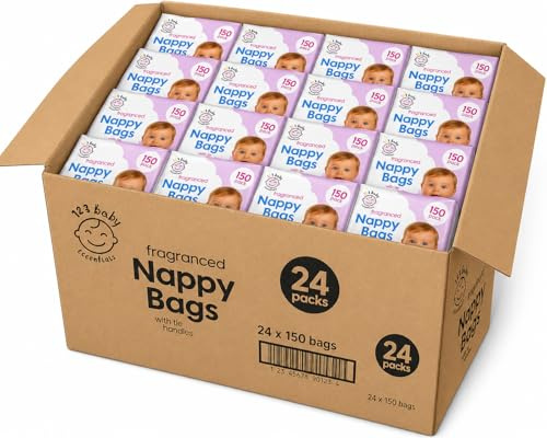 Sixstore 3600 blöjväskor, 24 paket med 150 påsar vardera färgade med slipshandtag, doftade för att eliminera lukt, hållbar och läckagesäker, perfekt för spädbarn resor