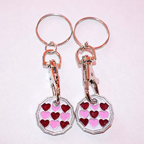 2 X NEW SHAPE 12 Edge Sided Trolley Token £1 Coin Pound Shopping Key Ring Clasp Supermarket Locker (Multi Hearts)