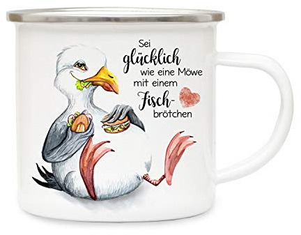 ilka parey wandtattoo-welt Emaillebecher Möwe Vogel Spruch 'Sei glücklich wie eine Möwe' Kaffeebecher 400ml Zylindrisch Weiße Metalltasse Geschenk Tasse 1 Stück (1er Pack) Wiederverwendbar