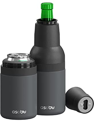 Asobu Frosty Beer Holder 2 Go Vacuum Insulated Double Walled Stainless Steel Beer Can and Bottle Cooler with Beer Opener, Bpa Free, Fits Standard 12oz Bottles & Cans, Gift for Beer Lovers (Smoke)