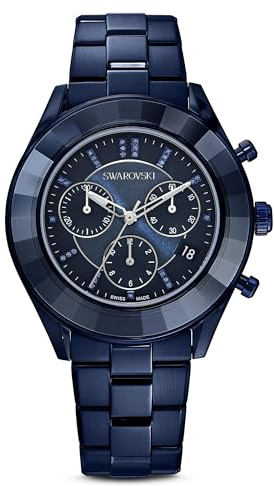 Swarovski Octea Lux Sport Uhr, Edelstahl Damenuhr mit Blauem Gehäuse und Zifferblatt, Swarovski Kristallen und Metallarmband