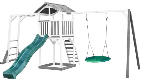 AXI Beach Tower Parque Infantil con tobogan Verde, Estructura para trepar, Columpio Nido de Pajaro Verde y Cajon de Arena | Casa Grande de Exterior para ninos en Gris y Blanco.