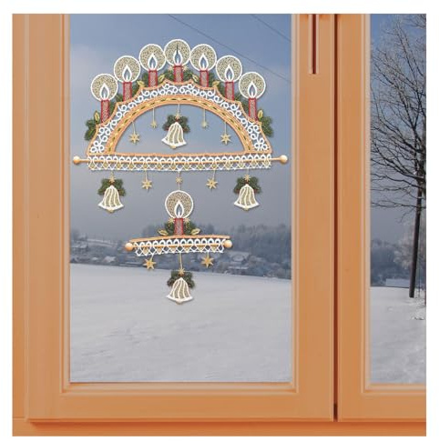 Fensterbild Lichterbogen - Windspiel aus Vogtländischer Spitze | Deko Advent mit Sternen, Kerzen und Glocken | Spitzenbild Höhe x Breite 35 x 24 cm | Geschenkidee Weihnachten inkl. Saughaken