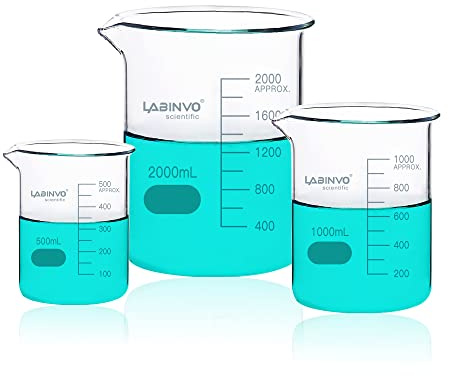 LABINVO Low Form Graduated Glass Beaker Set, Each 1 PC of Vol.500ml,1000ml,2000ml,3.3 Borosilicate Glass Beakers, IN-BKLS01