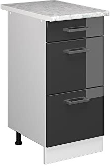 Vicco Küchenunterschrank R-Line, Anthrazit Hochglanz, 40 cm | 3 Schubladen · AP Marmor inkl. · Höhenverstellbare Füße · ✓ Leichter Zugriff · ✓ Frei kombinierbar
