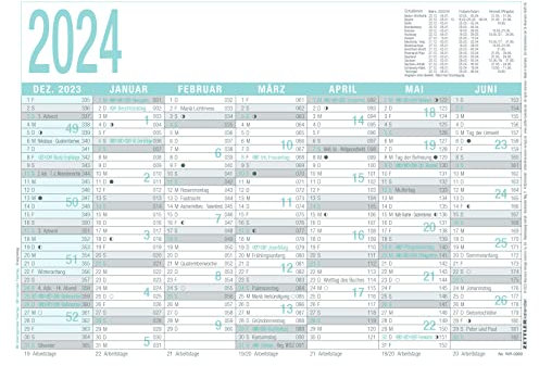 Arbeitstagekalender grau/türkis 2024 - A4 (29,7 x 21 cm) - 7 Monate auf 1 Seite - Tafelkalender - Plakatkalender - Jahresplaner - 909-0000