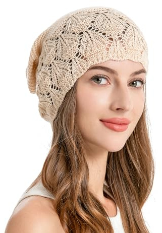 ZLYC Crochet Slouchy Beanie for Women Soft Lightweight Skull Cap Cutout Stretch Knit Hat (Solid Beige)